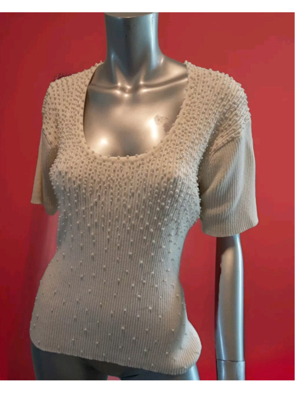 LILLIE RUBIN-Glitzy Holiday Sweater Off White With Pearls Beads 1/2 Sleeves Sz L